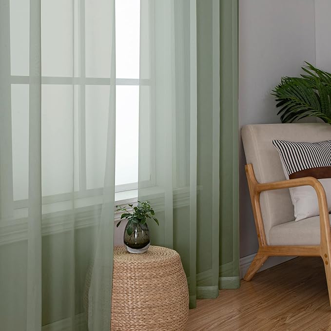 Lecloud Sage Green Sheer Curtains 90 Inches Long 2 Pcs, Modern Solid Voile Light Filtering Drapes, Airy Privacy Window Curtains with Rod Pocket for Dining Room/Bedroom/Living Room, Each 42" W x 90" L