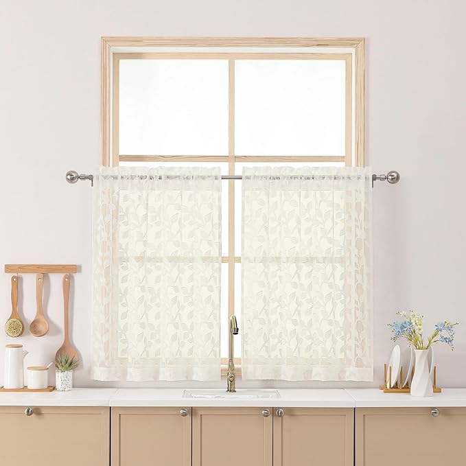 Chyhomenyc Ivory Sheer Curtains 30 Inch Length, Light Filtering Leaf Tufted Textured Small Window Kitchen Curtain Over Sink, Short Half Window Curtains for Bathroom Basement, 30" Wx30 L, 2 Panels