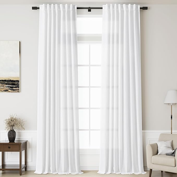 Linen White Curtains 144 inch Extra Long for Living Room Back Tab Light Filtering Semi Sheer Drapes Modern Farmhouse Coastal Decor Cotton Textured Curtain for Floor to Ceiling Window 10 FT
