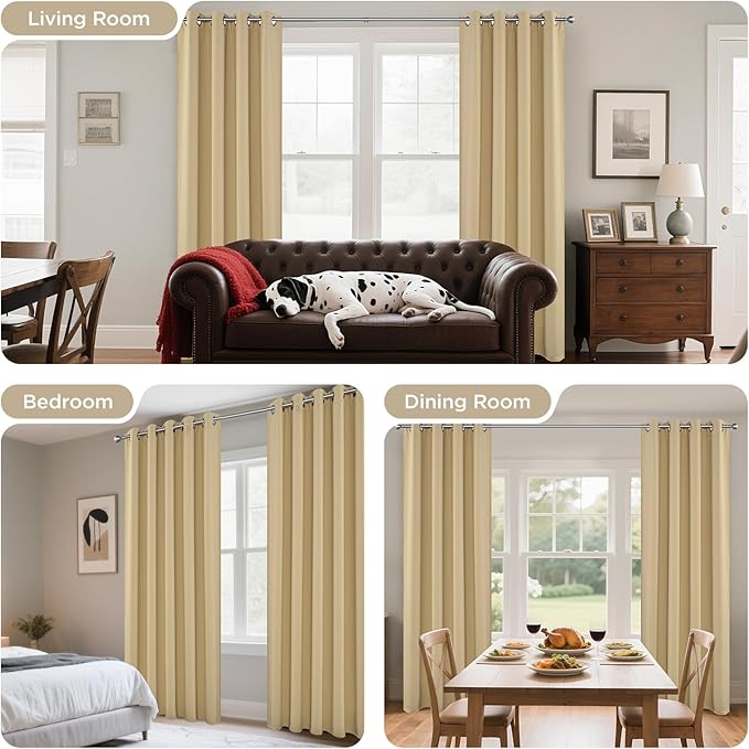 Joydeco Blackout Curtains 90 Inch Length 2 Panels Set, Thermal Insulated Long Curtains& Drapes 2 Burg, Room Darkening Grommet Drapes for Living Room Bedroom Window (W52 x L90 Inch, Beige)