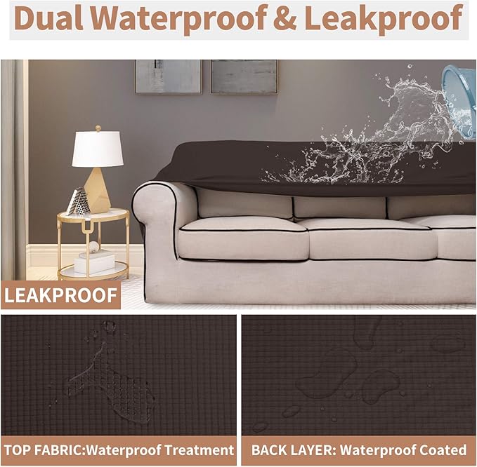 Easy-Going 100% Waterproof Loveseat Couch Cover, Dual Waterproof Sofa Cover, Stretch Jacquard Sofa Slipcover, Leakproof Furniture Protector for Kids, Pets, Dog and Cat (Loveseat, Chocolate)