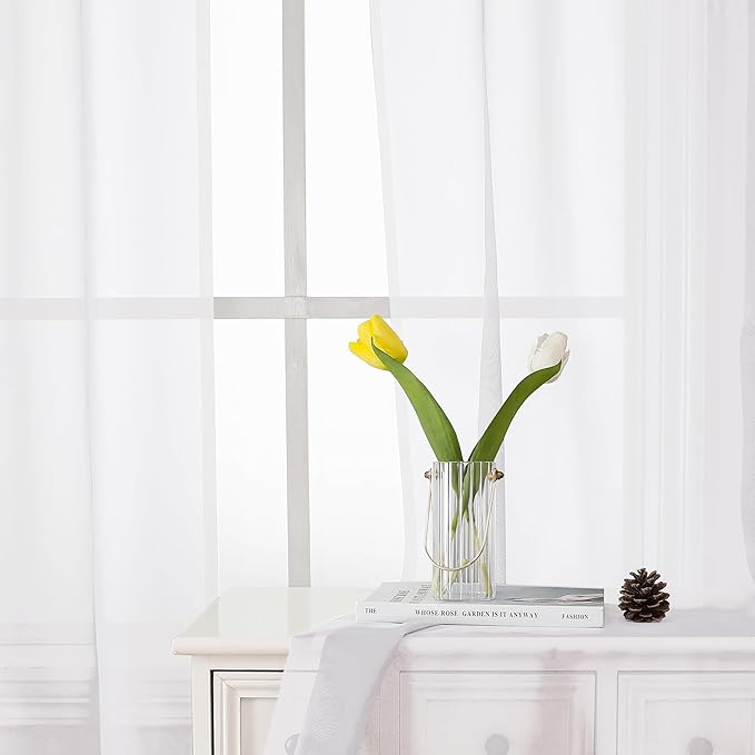 Lecloud Sheer White Curtains 96 Inches Long 2 Panels, Farmhouse Soft Voile Curtain for Windows, Airy Solid Color Tulle Curtains for Living Room Bedroom Rod Pocket, Each Panel 42 X 96 Inch