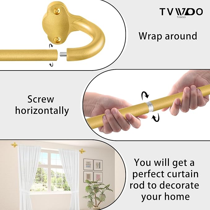 TVWOO Gold Wrap Around Curtain Rods 2 Pack:Small Blackout Adjustable Window Curtain Rod for Bedroom Kitchen Apartment Renter Friendly,Room Darkening Curved Drapery Rods Easy Install,Brass Gold 28-48"