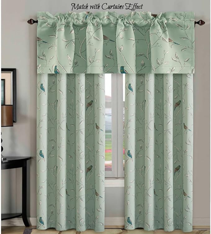 H.VERSAILTEX Blackout Curtain Valances for Kitchen Window/Living Room/Bathroom Privacy Added Rod Pocket Home Decoration Winow Valance, 52" W x 18" L, Birds in Sage (Pack of 4)