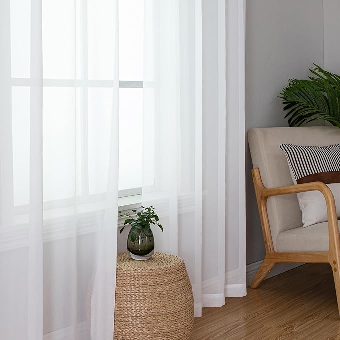 Simplebrand Sheer White Curtains 96 Inches Long, Light Filtering Rod Pocket Solid Color Window Sheer Curtain Panels, Elegant Curtains & Drapes for Living Room, Bedroom 2 Panels (White, 42" W x 96" L)
