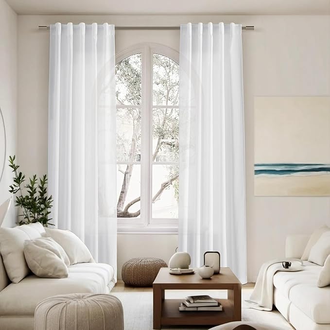 Nanspring Linen 72 Inch Curtains for Living Room Pure White Modern Farmhouse Semi Sheer Curtains Back Tab and Rod Pocket Linen Textured Curtain Drapes for Bedroom 34 x 72 Inch, 2 Panels