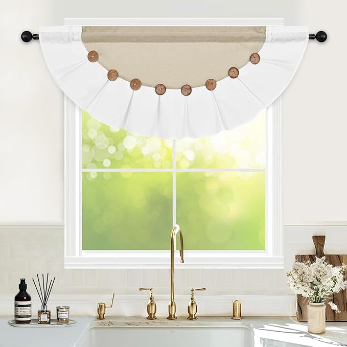 FRAMICS Farmhouse Valance Curtains, Boho Cotton Linen Kitchen Valance, Rustic Button Window Valances, Country Rod Pocket Valances for Windows Bedroom, Semi-Circular, Linen and White, 52 x 18 Inch