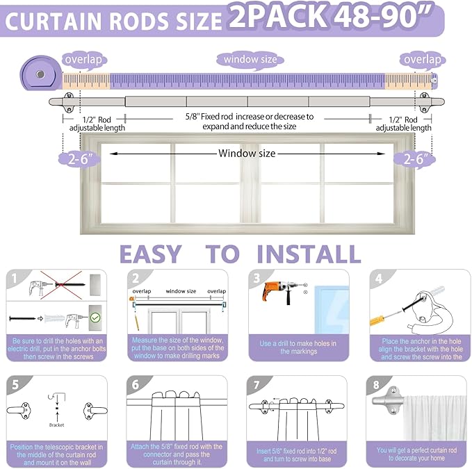 TVWOO Silver Wrap Around Curtain Rods 2Pack:Small Blackout Adjustable Window Curtain Rod for Bedroom Kitchen Apartment Renter Friendly,Room Darkening Curved Drapery Rods Easy Install,Nickel 48-90 Inch