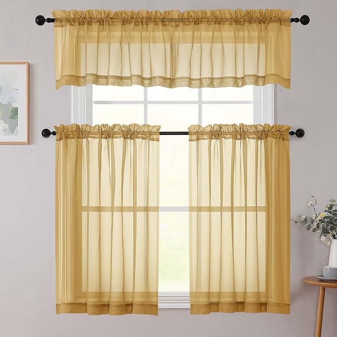 Gold Valances for Windows, Gold Sheer Curtains 14 Inch Length 2 Pack Kitchen Drapes, Modern Solid Mini Small Window Curtains for Cafe Bathroom Basement, Each 42" Wx14 L Inches