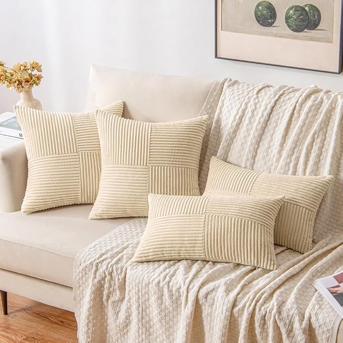 MIULEE Cream Decorative Throw Pillow Covers 18x18 Inch for Couch Bed Sofa Pack of 2 Boho Neutral Farmhouse Throw Pillows Soft Cross Corduroy Patchwork Textured Cushion Cases