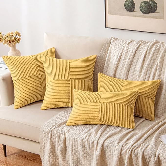 MIULEE Golden Mustard Decorative Throw Pillow Covers 20x20 Inch for Couch Bed Sofa Pack of 2 Boho Farmhouse Throw Pillows Soft Cross Corduroy Patchwork Textured Cushion Cases