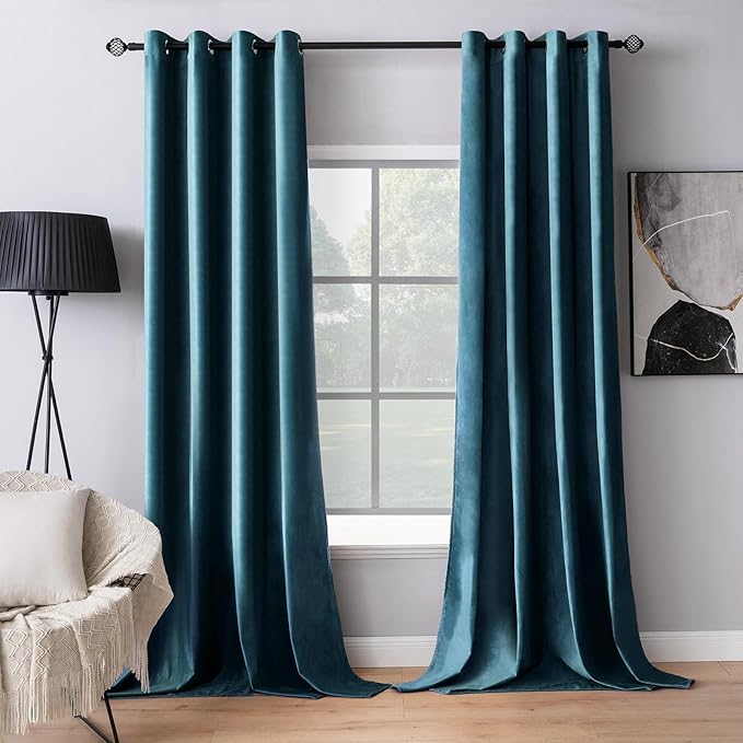 MIULEE Blue Velvet Curtains 96 Inch Length Length Blackout Curtains Thermal Insulated Soundproof Room Darkening Grommet Drape Black Out for Living Room Bedroom 52 x 96 Inch Length 2 Pcs Peacock Blue