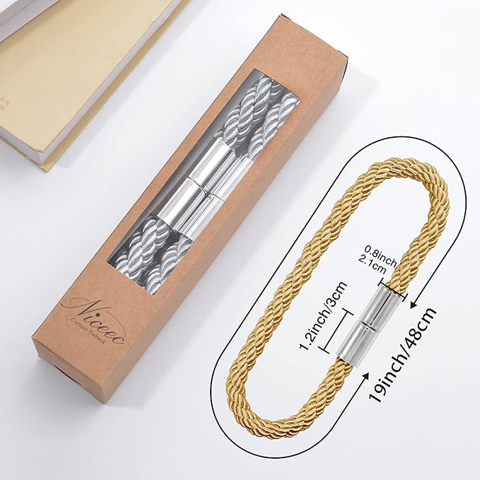 NICEEC 4 Pack Strong Magnetic Curtain Tiebacks Modern Simple Style Drape Tie Backs Convenient Decorative Weave Rope Curtain Holdbacks for Thin or Thick Home & Office Window Draperies (Gold)