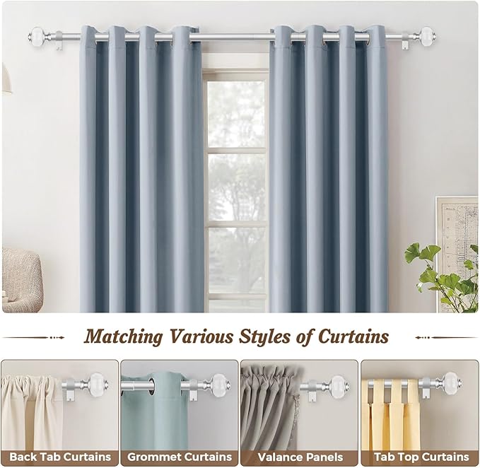 Curtain Rods for Windows 66 to 120, USFOOK 7/8 Inch Telescoping Splicing Drapery Rods 32 to 120 Inch, Decoration for Home with Light Silver Translucent Finials