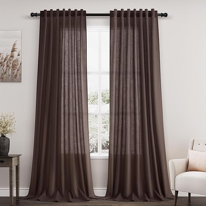 Coffee Linen Semi Sheer Curtains 120 Inches Long 2 Panels Set Back Tab Loop Pocket Linen Blend Boho Large Window Curtain Extra Long Light Filtering Drapes High Ceiling Curtains for Living Room 52x120