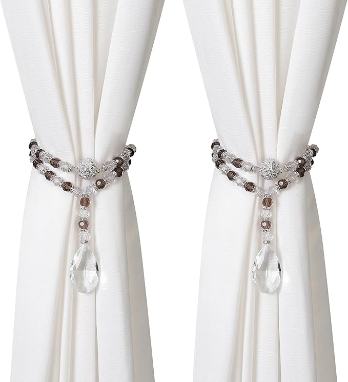 SUQ I OME 1 Pair of Luxury Crystal Beaded Magnetic Curtain Tieback and Holdback Curtain Clips Curtain Buckle Curtain Holder Blingbling Curtain Holdbacks for Drapes,Gray