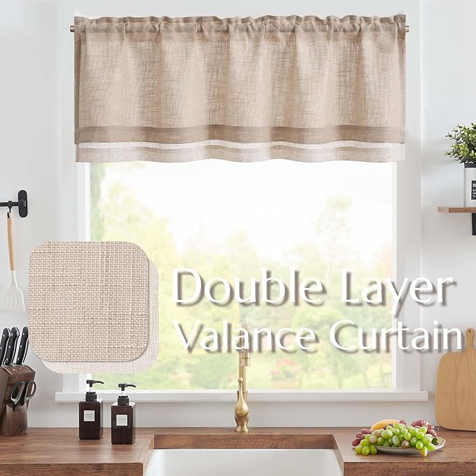 jinchan Farmhouse Linen Valance for Living Room Windows 16 Inch Slubbed Crossed Double Layer Window Valance Light Filtering Rustic Country Overlay Rod Pocket 1 Panel Blush Beige