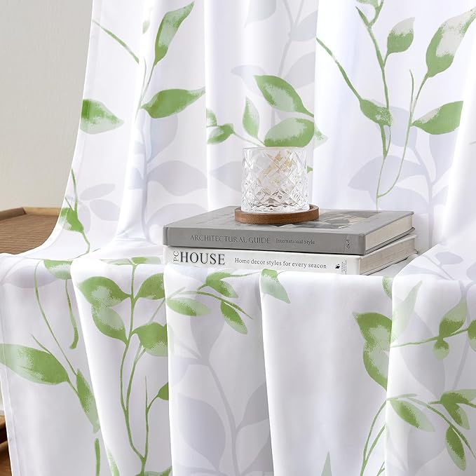 HOMEIDEAS Non-See-Through Sage Green and White Privacy Sheer Curtains 52 X 84 Inch Length 2 Panels, Leaf Floral Printed Light Filtering Semi Sheer Window Curtains Drapes for Bedroom Living Room