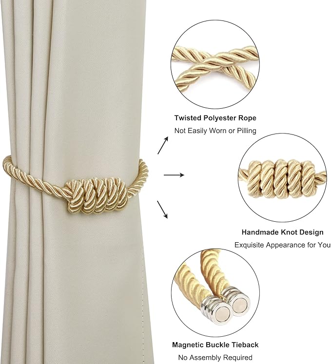 BEL AVENIR Magnetic Curtain Tiebacks, Decorative Drapery Holdbacks Modern Woven Tie-Backs with Exquisite Knot (Gold, 4 Pack)