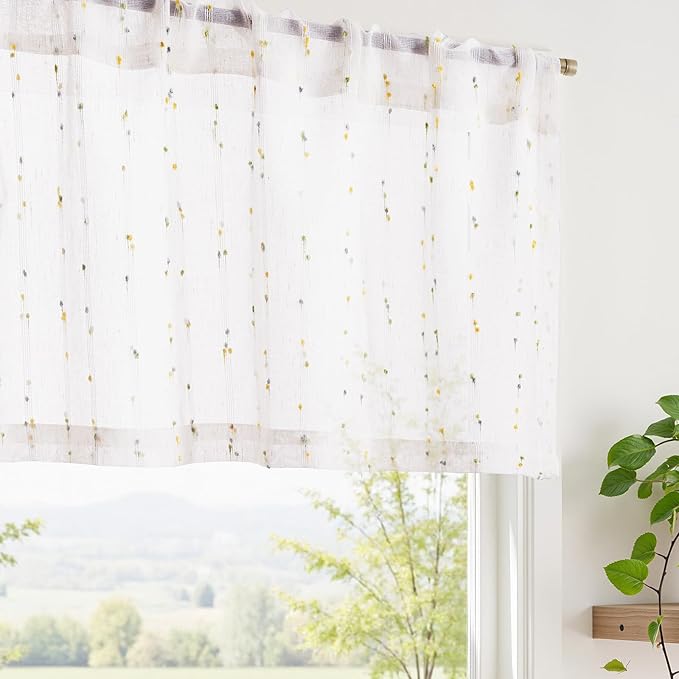 jinchan Valance Curtains for Windows 16 Inch Colorful Mini Pom-Pom Country Farmhouse Kitchen Valance Semi Sheer Voile Samll Window Treatment for Bedroom Living Room Rod Pocket 1 Panel Sunlit Grove