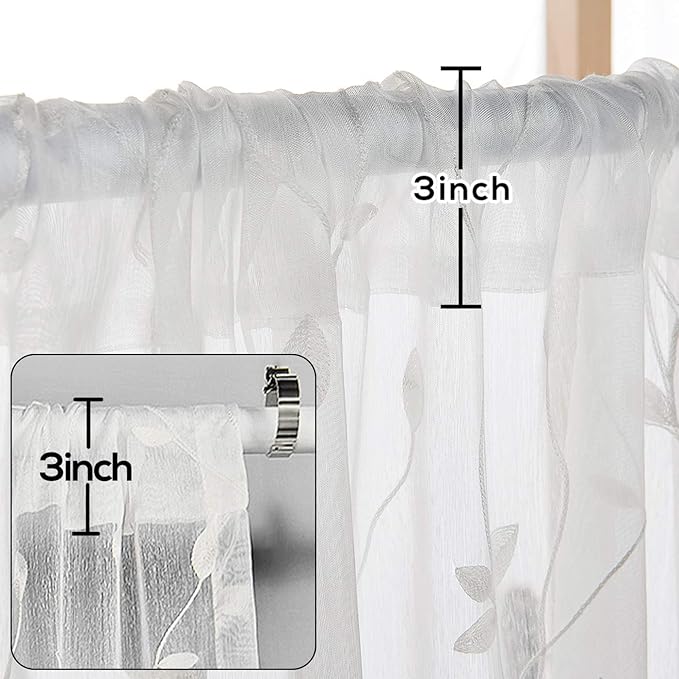 AmHoo 2 Panels Embroidered Leaf Pattern Semi Sheer Curtains Foliage Floral Voile Window Draperies Treatment for Bedroom Living Room Rod Pocket White 53 x 95 Inch