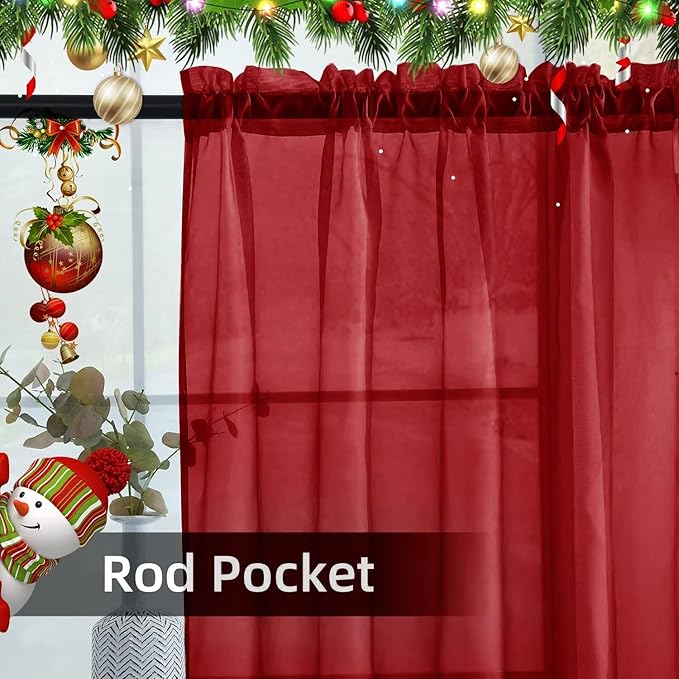Youleyar Solid Sheer Rod Pocket Curtain Voile Draperies 4 Panels White Beige Black Grey Ivory 52 Inch Width 108 Inch Long 1 Pair for Kitchen Bedroom Children Living Room Yard(Christmas Red,52 Wｘ108 L)
