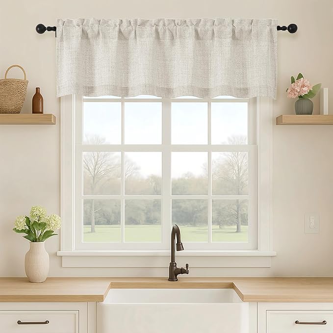 OVZME Natural Valance for Windows, Light Filtering Faux Linen Textured Small Short Valance Kitchen Curtain, Dual Rod Pocket Top Short Window Curtain for Bathroom Basement Farmhouse, 1 Piece, 60Wx14L