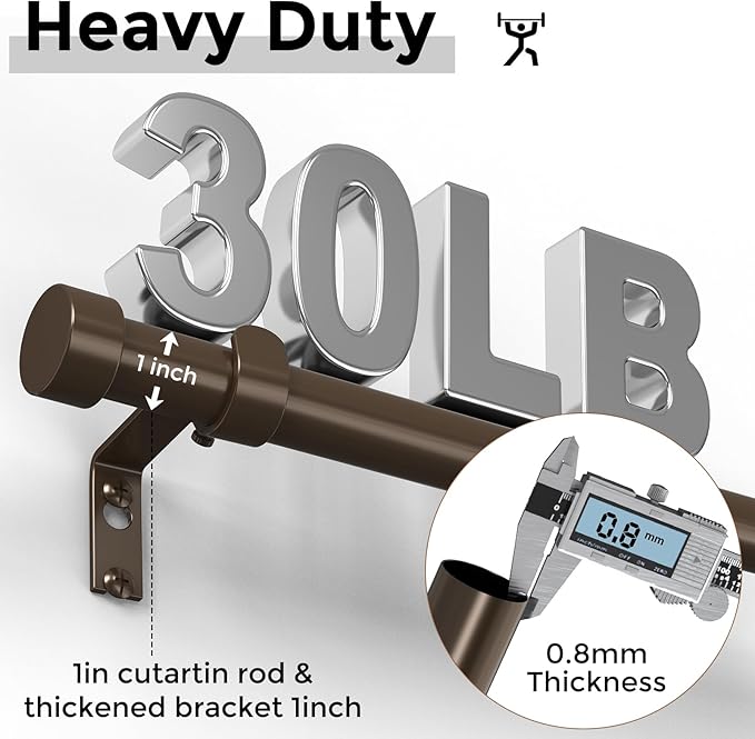 Bronze Curtain Rods for Windows 36 to 240 Inch(3-20 Feet),1" Diameter Rods with Modern Style End Cap Finials,Size:36-240 Inch