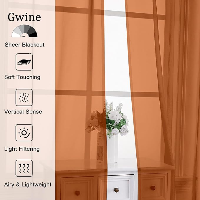 Gwine Burnt Orange Sheer Curtains 63 Inch Length for Living Room 2 Panels, Light Filtering Elegant Fall Window Curtain Treatment Drapes for Bedroom, Each 42 Wx63 L, Burnt Orange