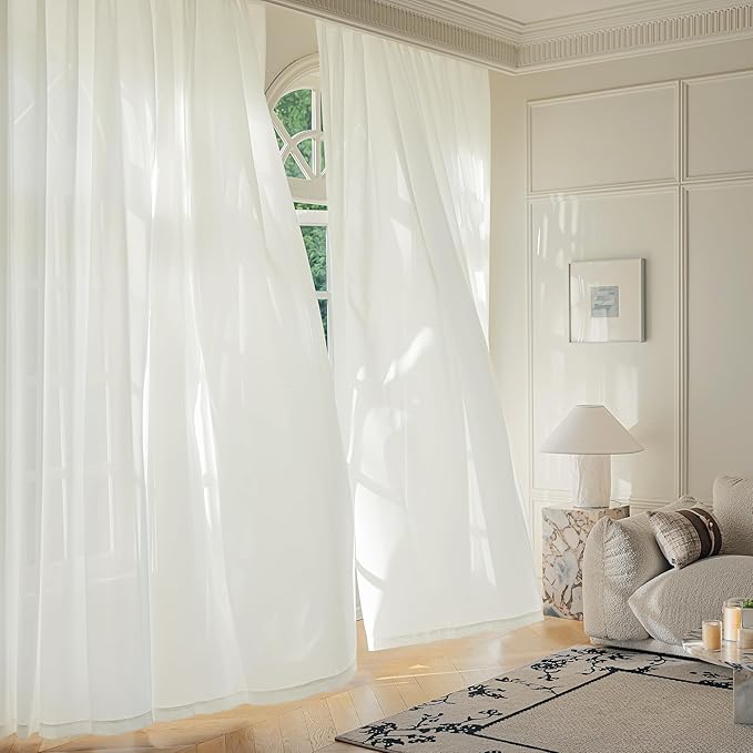 FMFUNCTEX Sheer Non-See-Through Netural Beige Curtains for Bedroom, Faux Silk that Let Light Curtains 72 inches Long Light Filtering Privacy Sheer Drapes for Living Room, Rod Pocket 2 Panels Set
