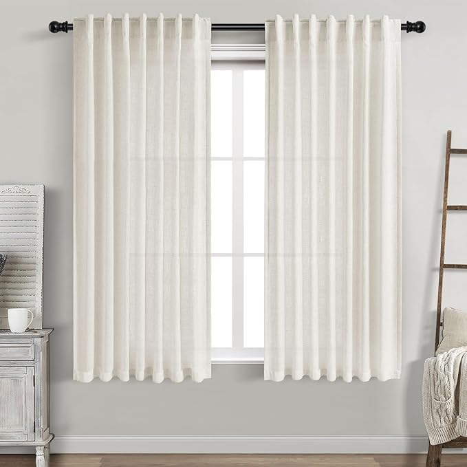 Neutral Semi Sheer Cream Linen Curtains 64 Inch Length 2 Panel Set Soft Airy Farmhouse Back Tab Rod Pocket Curtains for Bedroom Light Filtering Privacy Window Drapes for Living Room 52x64 Inches