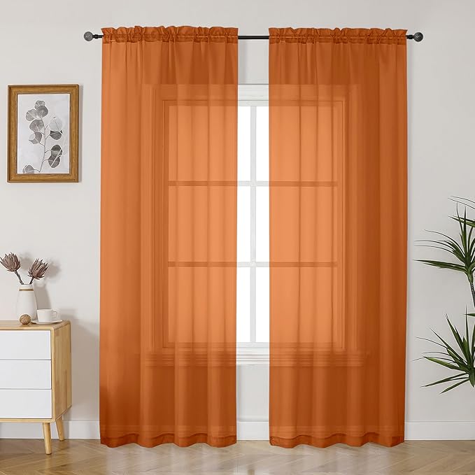 Gwine Burnt Orange Sheer Curtains 84 Inches Long 2 Panels Set for Living Room, Light Filtering Fall Curtains for Bedroom Living Room, Elegant Window Curtain Drapes, Each 42 Wx84 L