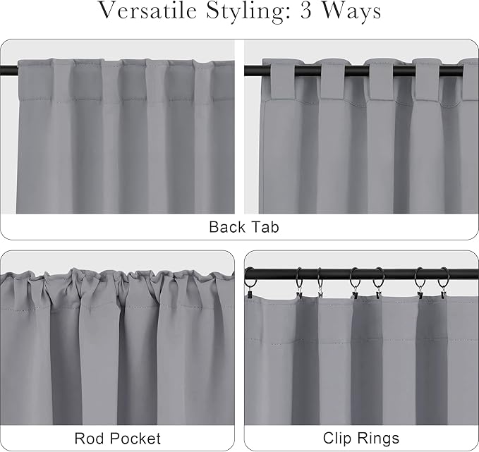 PONY DANCE Gray Blackout Curtains - Window Treatments Thermal Insulated Light Blocking Drapes Back Tab/Rod Pocket Short Curtain Panels for Bedroom & Kitchen, 42 W x 45 L, Silver Grey, 1 Pair