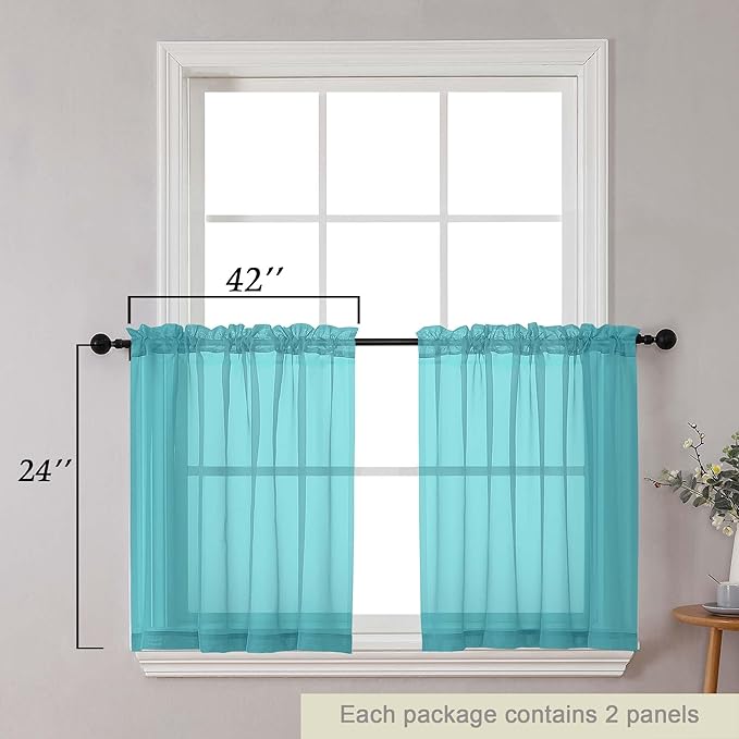 Kitchen Curtains 24 Inch Length Tier 2 Pieces, Turquoise Sheer Curtain Solid Soft Sheer Short Curtains for Windows, Cafe Bathroom Basement Rod Pocket Drapes, Each 42" Wx24 L Inches