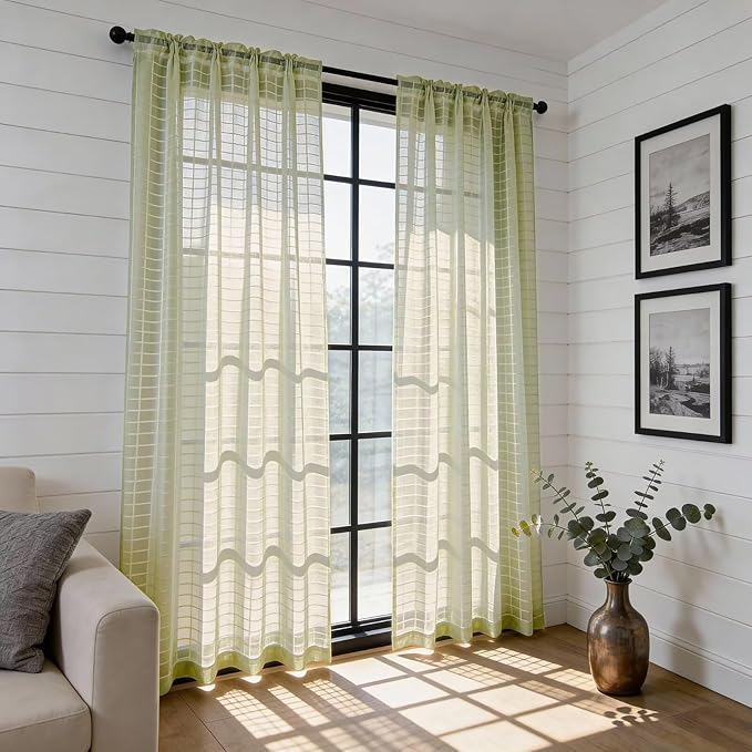 SpaceDresser Check Sheer Curtains 108 Inches 2 Panels Set, Rod Pocket Plaid Window Curtain for Living Room, Sage Green Semi Sheer Drapes for Kitchen Bedroom Children Room Yard（Sage Green, 52W x 108L）