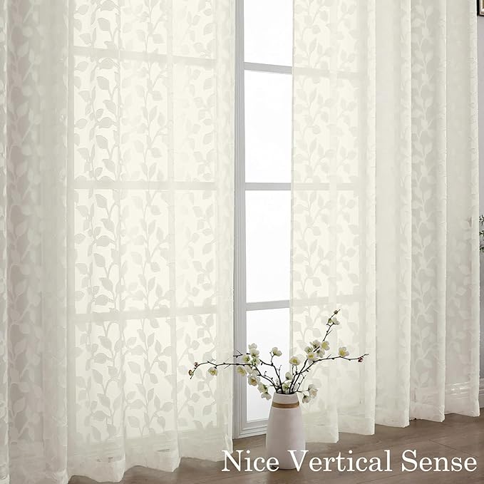 Chyhomenyc Ivory Sheer Curtains 30 Inch Length, Light Filtering Leaf Tufted Textured Small Window Kitchen Curtain Over Sink, Short Half Window Curtains for Bathroom Basement, 30" Wx30 L, 2 Panels