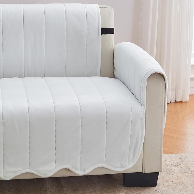Great Bay Home Velvet Loveseat Cover - Washable Slipcover Furniture Protector with Elastic Straps - Furniture Cover for Dogs, Kids, and Pets - Stitched Detail (White)