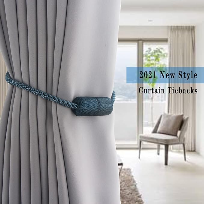 4 Pack Blue Strong Magnetic Curtain Tiebacks Outdoor Elegant Decorative Tie Backs Modern Rope Tiebacks for Drapes Window Curtain Holdbacks for Draperies