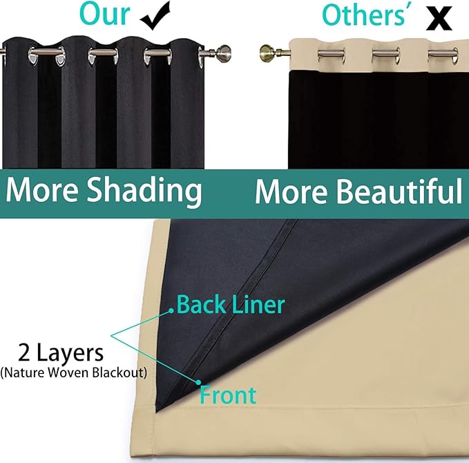 Yakamok Beige 100% Blackout Curtains, Thermal Insulated Total Blackout Drapes for Bedroom, Heat Blocking Window Curtains for Living Room(52Wx90L, 2 Panels)