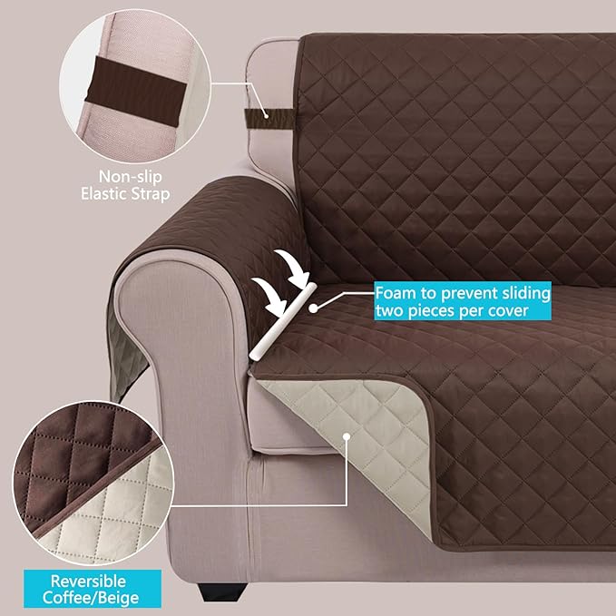 U-NICE HOME Large Sofa Cover Reversible Couch Cover for Dogs Friendly with Elastic Straps Water Resistant Furniture Protector for 4 Cushion Couch (Oversized Sofa, Coffee/Beige)