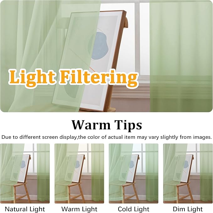 Gwine Light Green Valances for Windows, Small Light Filtering Rod Pocket Cafe Valance Curtains, Soft Sheer Curtain for Bathroom Laundry Basement, 42Wx14L inch, 2 Pieces