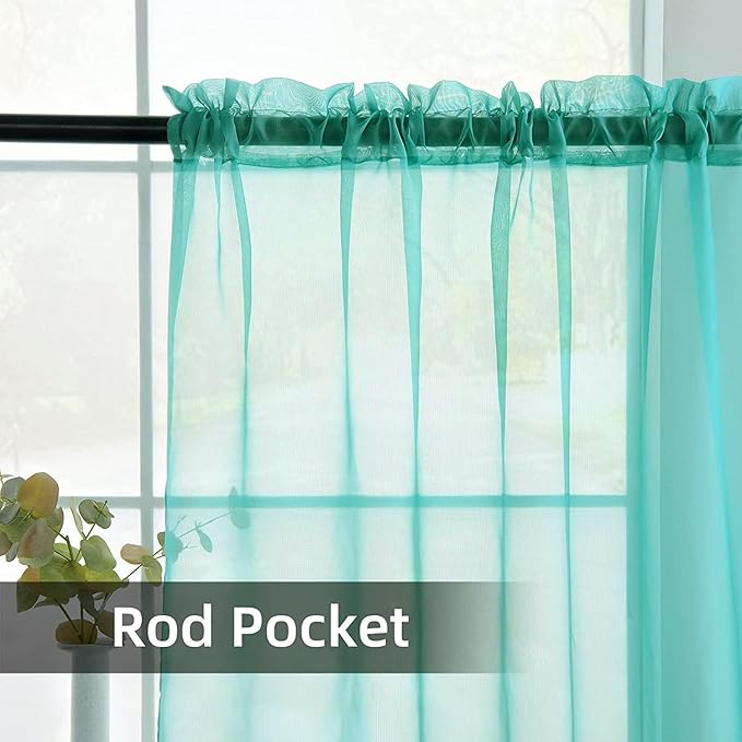 youleyar Solid Sheer Rod Pocket Curtain Voile Draperies 2 Panels White Beige Black Grey Coffee 52 Inch Width 45 Inch Long 1 Pair for Kitchen Bedroom Children Living Room Yard (Turquoise,52Wｘ45L)