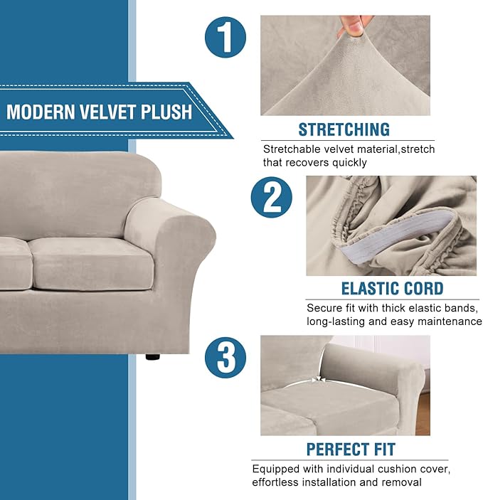 H.VERSAILTEX Rich Velvet Stretch 2 Piece Cover Chair Slipcover Sofa Cover Furniture Protector Couch Soft with Elastic Bottom Chair Couch Cover Width Up to 49 Inch (Chair, French Oak)