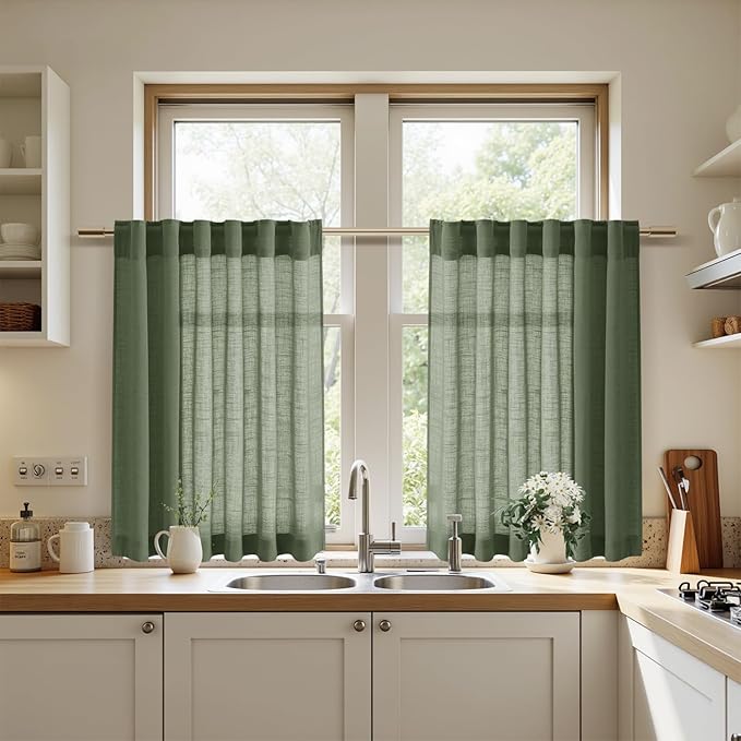 Nanspring Olive Green Linen Curtains 24 Inch Length for Kitchen Small Windows Light Filtering Panels Back Tab and Rod Pocket Drapes for Cafe/Small Curtains, 30 x 24 Inch,2 Panels
