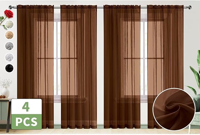 SpaceDresser Brown Sheer Curtains 4 Panels Rod Pocket Semi-Sheer Curtain 84 Inches Long Light Filtering Voile Window Drapes for Bedroom Living Room Kitchen, Each 52W x 84L