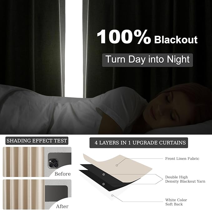 Topfinel 105 Inch Linen Blackout Curtains for Living Room, Modern Neutral Burlap Black Out Thermal Noise Cancelling Curtains，tan Tab Top Rod Pocket 2 Panels Set for Sliding Glass Doors Bay Window