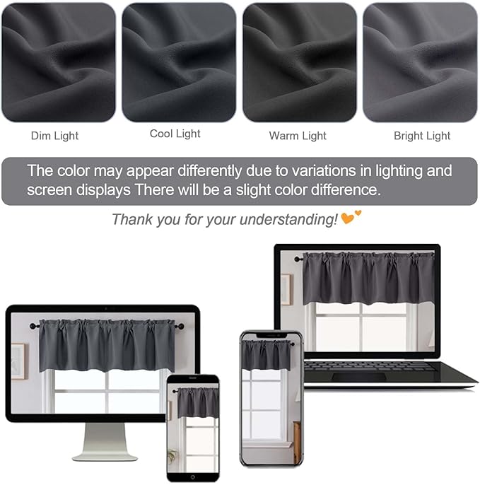 Chyhomenyc Charcoal Grey Valances for Window, Room Darkening Short Curtains for Kitchen Bedroom Living Room, Rod Pocket Top Small Window Treatment Valance RV Bunk Panels, 60" Wx14 L, 2 Pieces