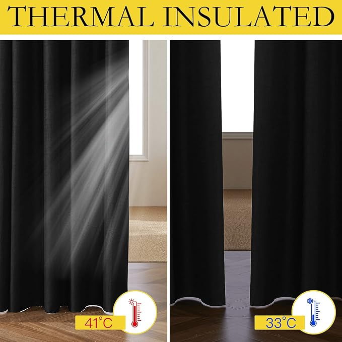 NICETOWN Vintage Open Linen Weave Flax Thermal Curtains, 100% Blackout Curtains 45" Long for Dining Room, Soundproof Window Treatment Drapes for Cafe, Black, 42" Wide Per Panel, Set of 2