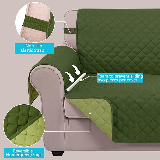 U-NICE HOME Reversible Oversized Chair Covers Quilted Water Repellent Pet Protectors with Elastic Straps(28''Armchair, Huntergreen/Sage)