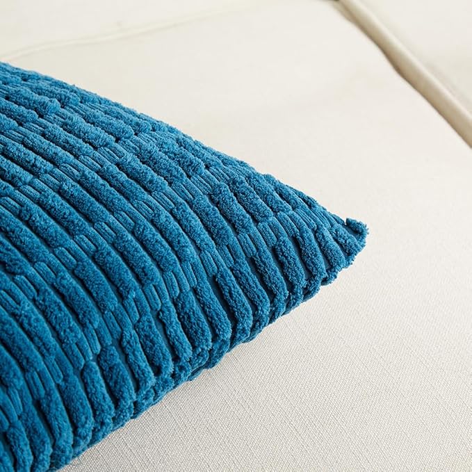 Fancy Homi 4 Packs Teal Decorative Throw Pillow Covers 22x22 Inch for Living Room Couch Bed Sofa, Rustic Farmhouse Boho Home Decor, Soft Striped Corduroy Square Cushion Case 55x55 cm